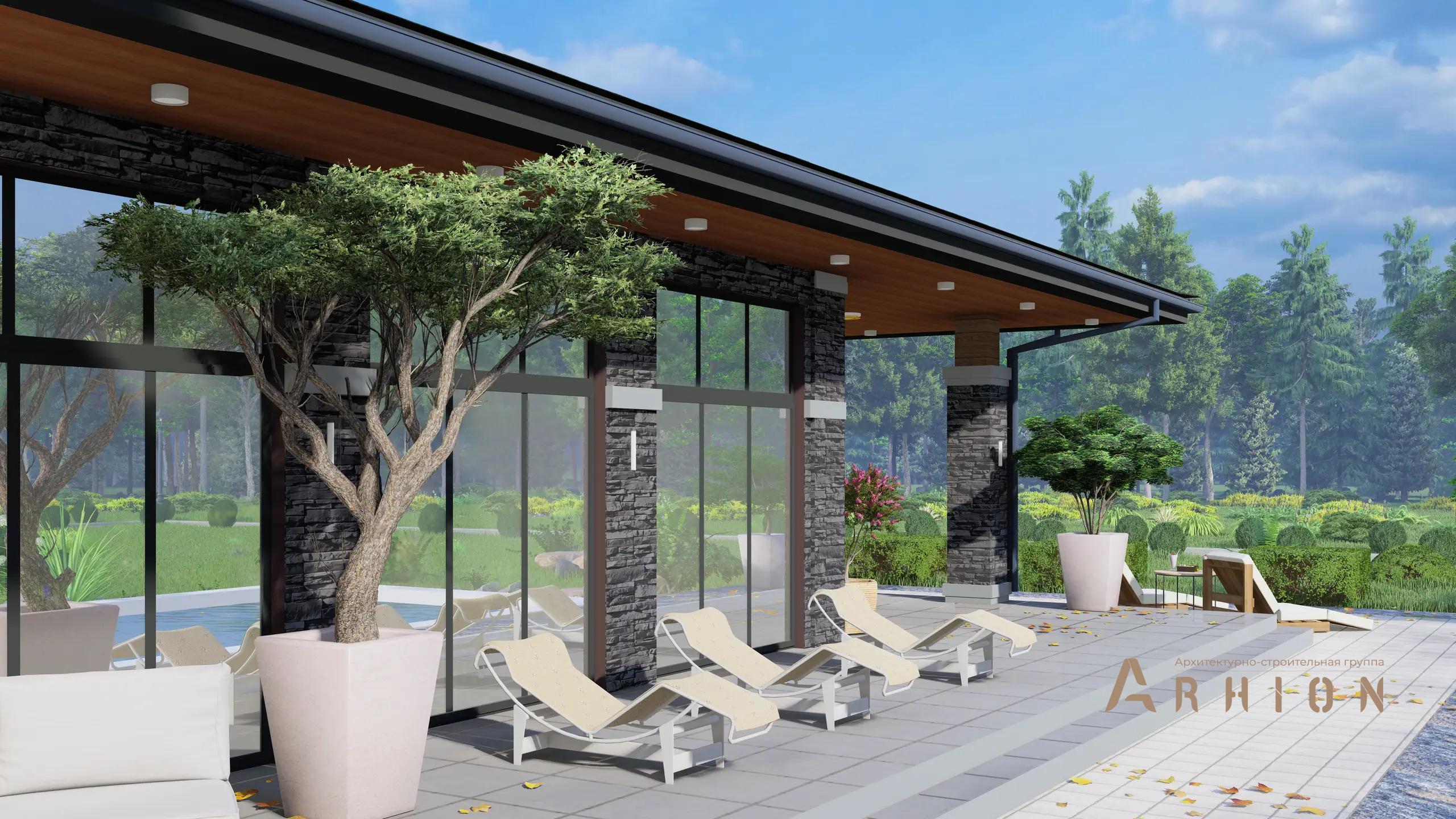 13. Проект двухэтажного дома в стиле Ллойда Райта (прерий) с четырехскатной, h-1604, площадью - 433 кв c сауной, терассой, гаражом, бассейном